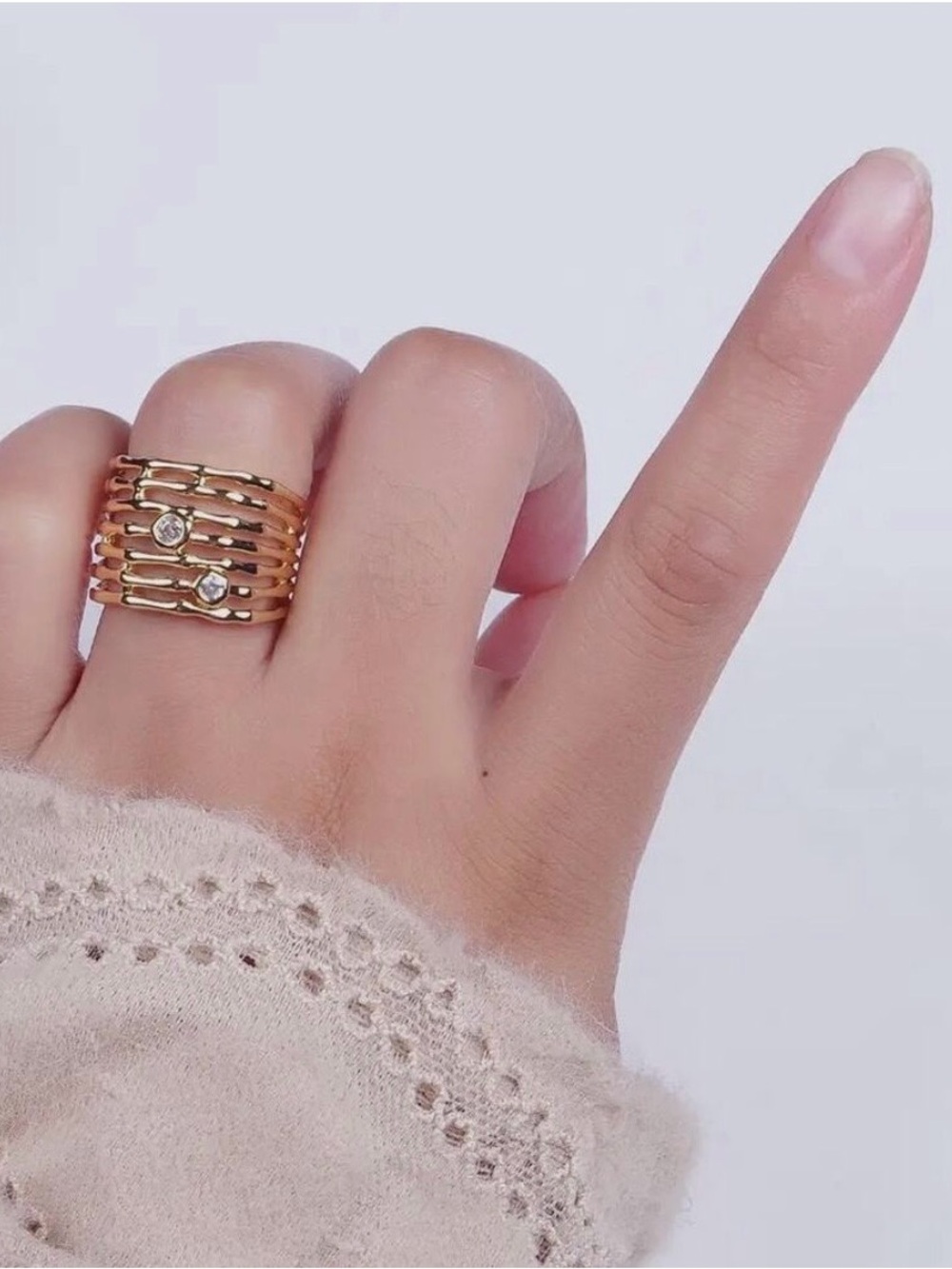 14K Gold Plated Wide Multiple Bamboo Geometric CZ Band Statement Ring Adjustable - Picture 3 of 5